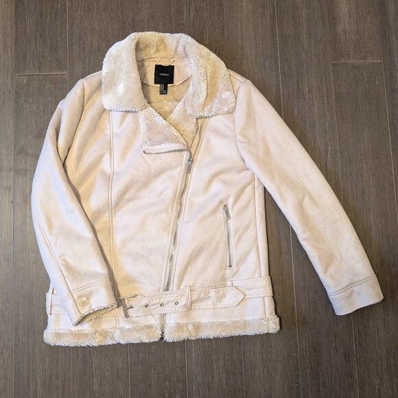 Forever 21 Faux Fur Lined Sherpa Moto Jacket, Cream, Size M - Picture 3 of 13